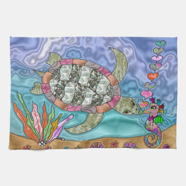 Psychedelic Sea Turtle Seahorse Art Kitchen Towel (Horizontal)