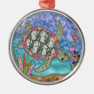 Psychedelic Sea Turtle Seahorse Art Metal Ornament