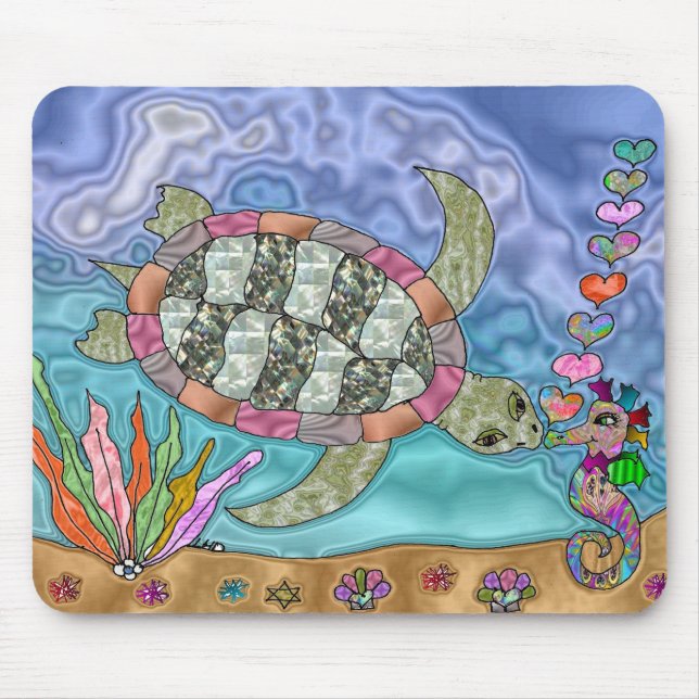 Psychedelic Sea Turtle Seahorse Art Mouse Pad (Front)