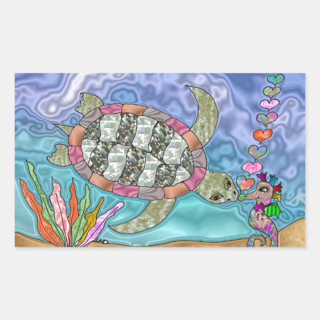 Psychedelic Sea Turtle Seahorse Art Sticker (Front)