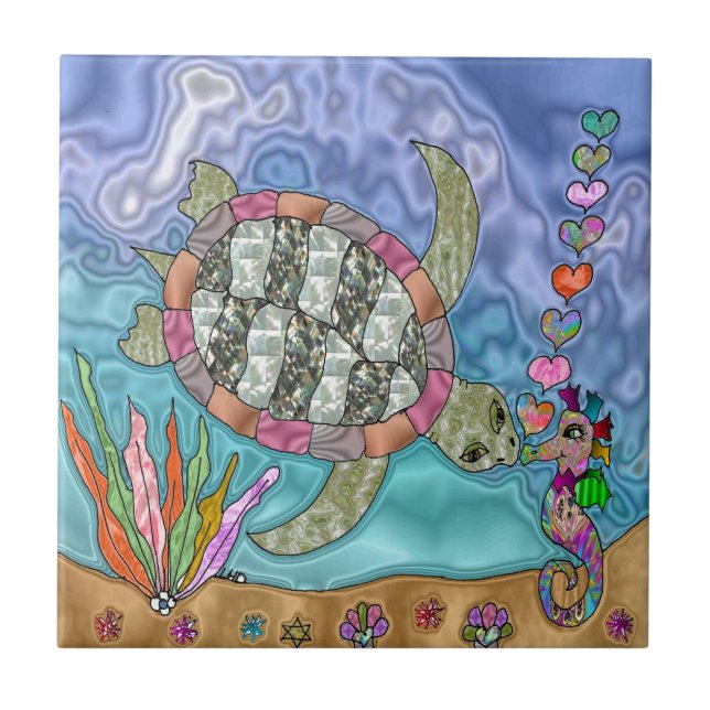 Psychedelic Sea Turtle Seahorse Art Tile (Front)
