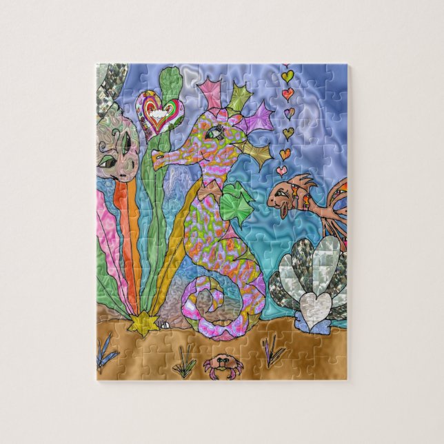 Psychedelic Seahorse Sea Turtle Art Jigsaw Puzzle (Vertical)
