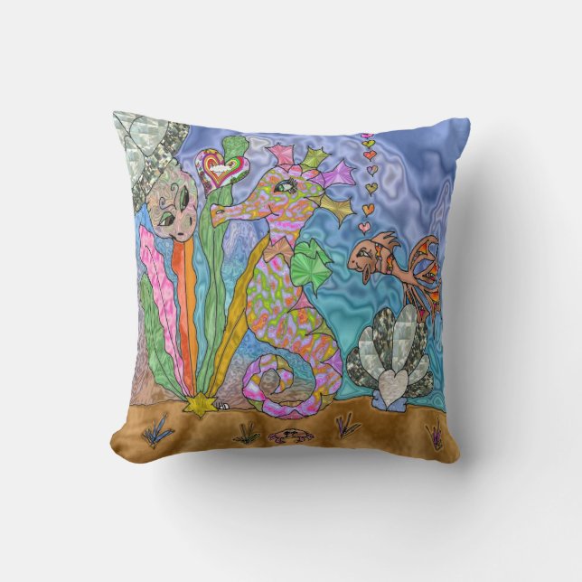 Psychedelic Seahorse Sea Turtle Art Pillow (Front)