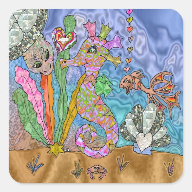 Psychedelic Seahorse Sea Turtle Art Square Sticker (Front)