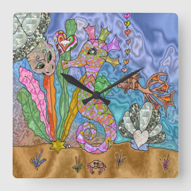 Psychedelic Seahorse Sea Turtle Art Square Wall Clock (Front)
