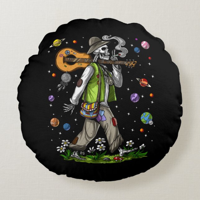 Psychedelic Skeleton Hippie Round Pillow (Front)