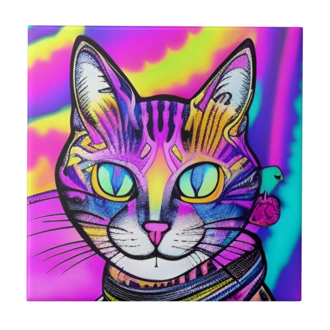Psychedelic smirking cat colourful purple fuchsia  tile (Front)