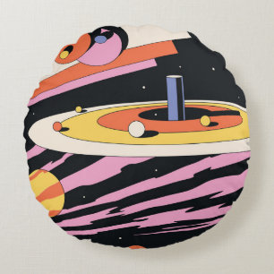 Psychedelic Space Abstract Illustration,Geometric Round Pillow