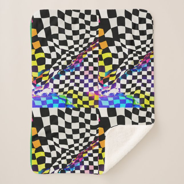 Psychedelic Speedway: Chequered Flag Printed Blank Sherpa Blanket (Front)