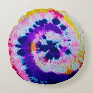 Psychedelic Spiral. Multicolor Fabric Tie Dye. Hip Round Pillow