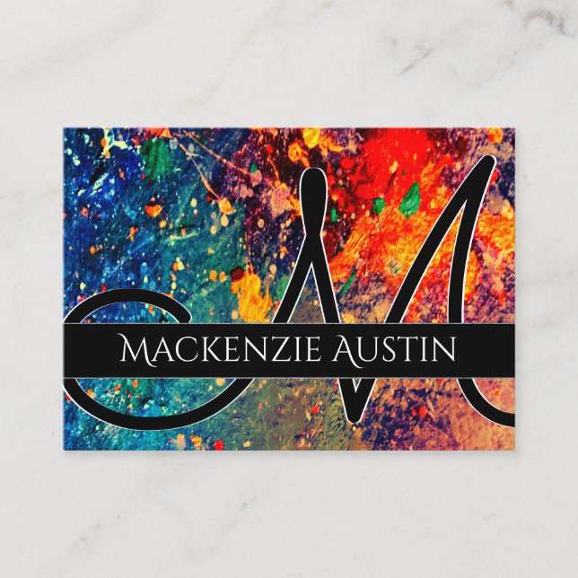Psychedelic Splatter | Rainbow Abstract Monogram Business Card (Front)