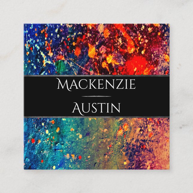 Psychedelic Splatter | Rainbow Abstract Monogram Square Business Card (Front)