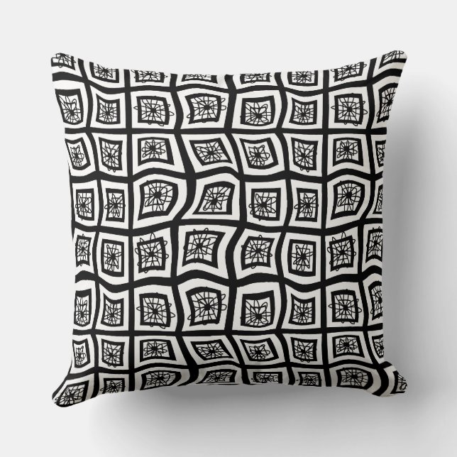 Psychedelic Square Prisms Check Black White Floral Throw Pillow (Back)