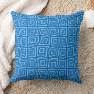 Psychedelic Square Prisms Check Blue Floral Throw Pillow