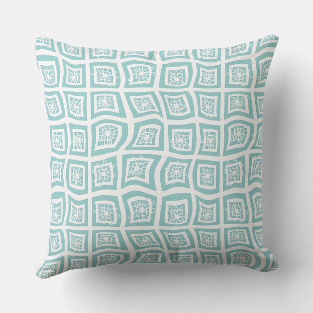 Psychedelic Square Prisms Check White Teal Floral Throw Pillow (Back)