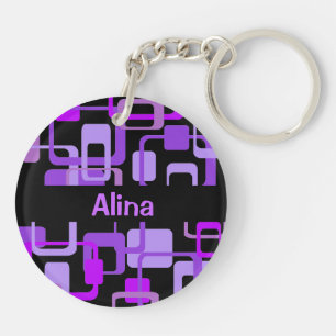 Psychedelic Squares Retro Look Personalized Purple Keychain