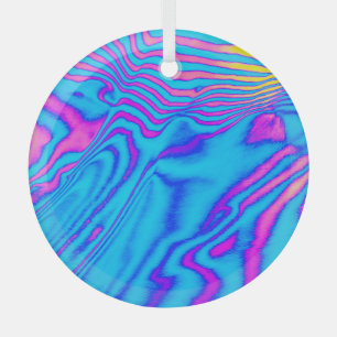 Psychedelic Striped Zebra: Neon Fluorescent Backgr Glass Ornament