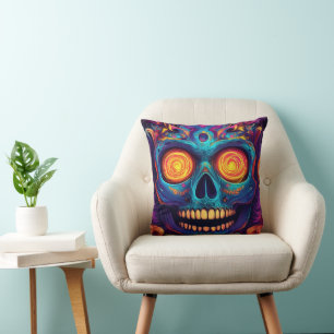 Psychedelic Sugar Skull Art - Day of the Dead Throw Pillow