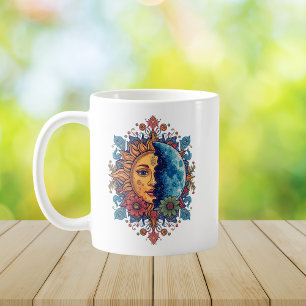 Psychedelic Sun and Moon Boho Floral Art  Coffee Mug