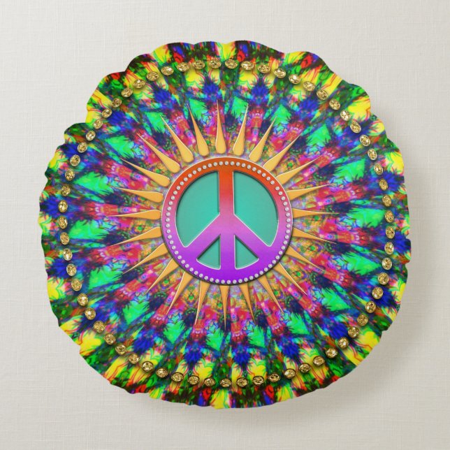 Psychedelic Sunshine Groovy Peace Energy Decor Round Pillow (Front)