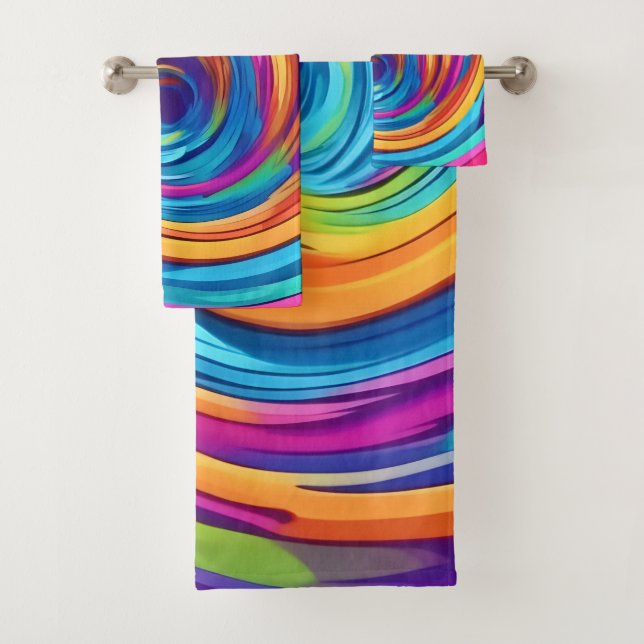 Psychedelic Swirl of Rainbow Hues Bath Towel Set (Insitu)