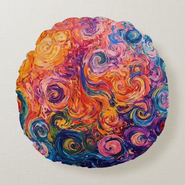 Psychedelic Swirls Oil Painting Round Pillow (Front)