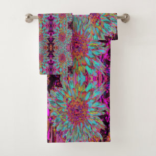 Psychedelic Teal Blue Abstract Decorative Dahlia Bath Towel Set