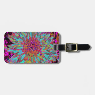 Psychedelic Teal Blue Abstract Decorative Dahlia Luggage Tag