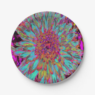 Psychedelic Teal Blue Abstract Decorative Dahlia Paper Plate