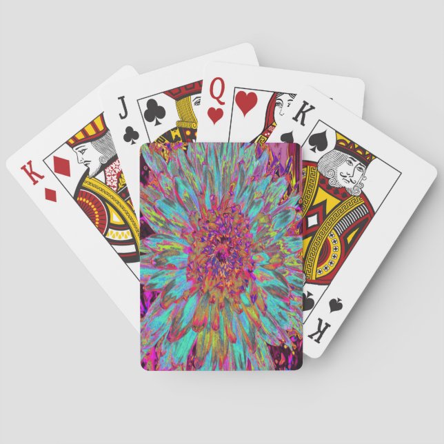 Psychedelic Teal Blue Abstract Decorative Dahlia Playing Cards (Back)