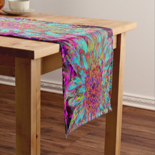 Psychedelic Teal Blue Abstract Decorative Dahlia Short Table Runner