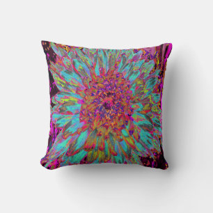 Psychedelic Teal Blue Abstract Decorative Dahlia Throw Pillow