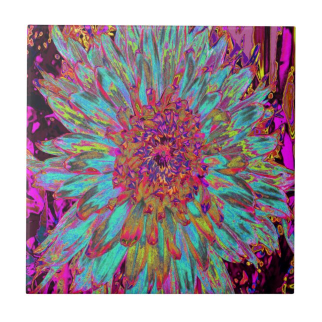 Psychedelic Teal Blue Abstract Decorative Dahlia Tile (Front)