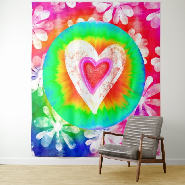 Psychedelic tie dye heart tapestry (In Situ)