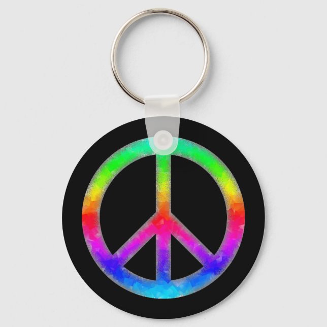 Psychedelic Tie-Dye Peace Sign Keychain (Black) (Front)
