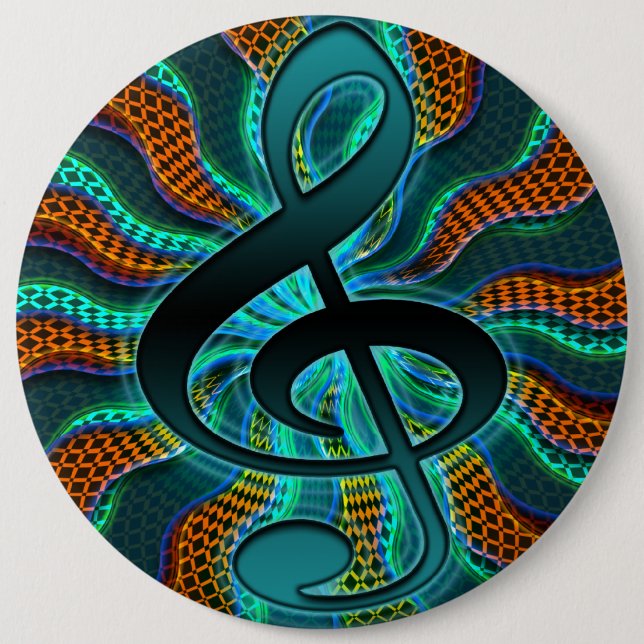 Psychedelic Treble Clef / G Clef Music Symbol 6 Inch Round Button (Front)