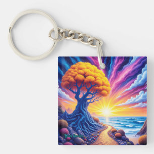 Psychedelic Tree Sunset Surreal Landscape Keychain