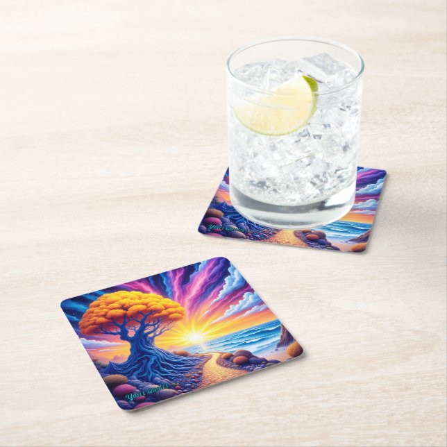 Psychedelic Tree Sunset Surreal Landscape Square Paper Coaster (Insitu)