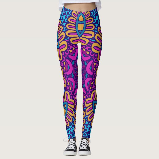 Psychedelic Tribal Pattern Leggings - Vibrant Boho (Front)