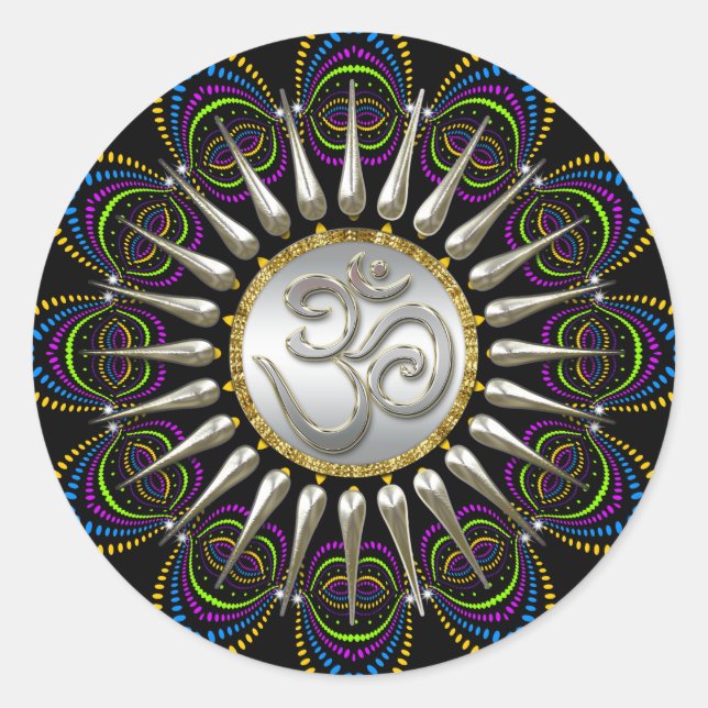 Psychedelic Tribe Silver Om Classic Round Sticker (Front)