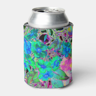 Psychedelic Trippy Lime Green and Blue Flowers Can Cooler