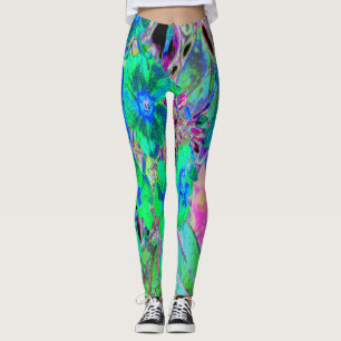 Psychedelic Trippy Lime Green and Blue Flowers Leggings