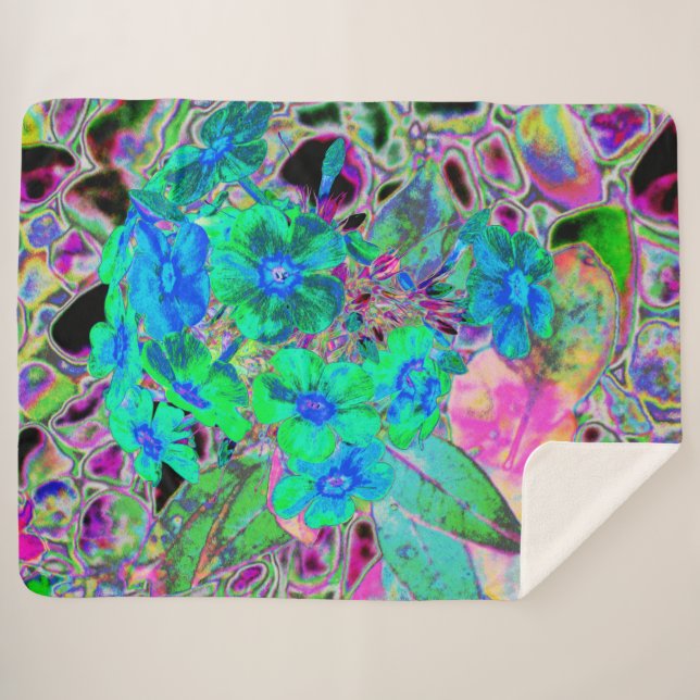 Psychedelic Trippy Lime Green and Blue Flowers Sherpa Blanket (Front (Horizontal))