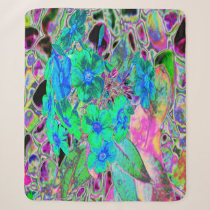 Psychedelic Trippy Lime Green and Blue Flowers Sherpa Blanket