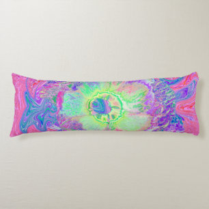Psychedelic Trippy Lime Green and Purple Hibiscus Body Pillow