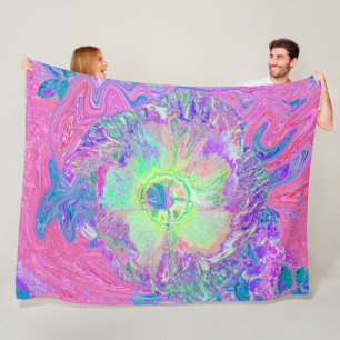 Psychedelic Trippy Lime Green and Purple Hibiscus Fleece Blanket