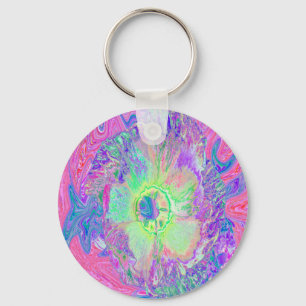 Psychedelic Trippy Lime Green and Purple Hibiscus Keychain