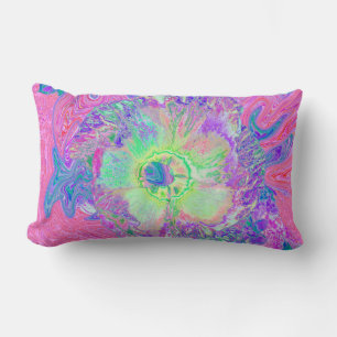 Psychedelic Trippy Lime Green and Purple Hibiscus Lumbar Pillow