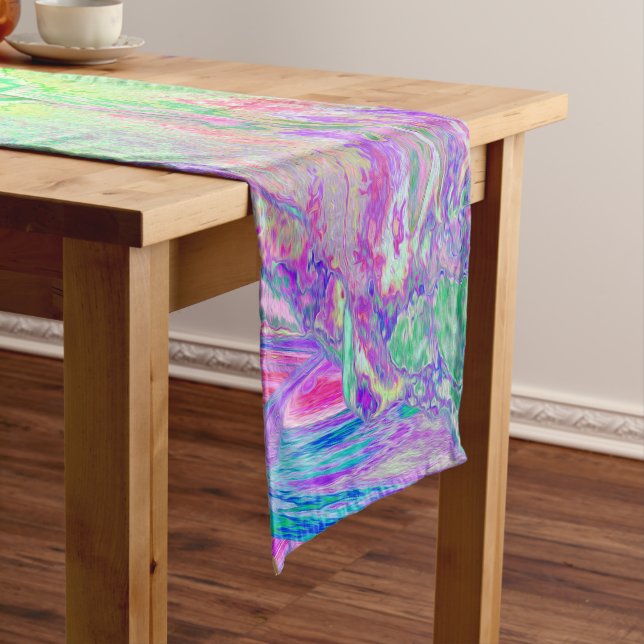 Psychedelic Trippy Lime Green and Purple Hibiscus Medium Table Runner (In Situ)