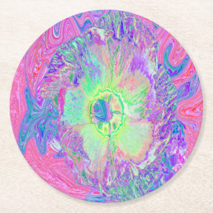 Psychedelic Trippy Lime Green and Purple Hibiscus Round Paper Coaster